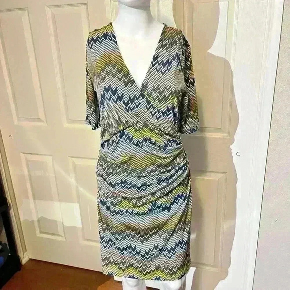 Jennifer Lopez Womens Faux Wrap Sheath Dress Chevron Stretch Colorful Small - Picture 1 of 8